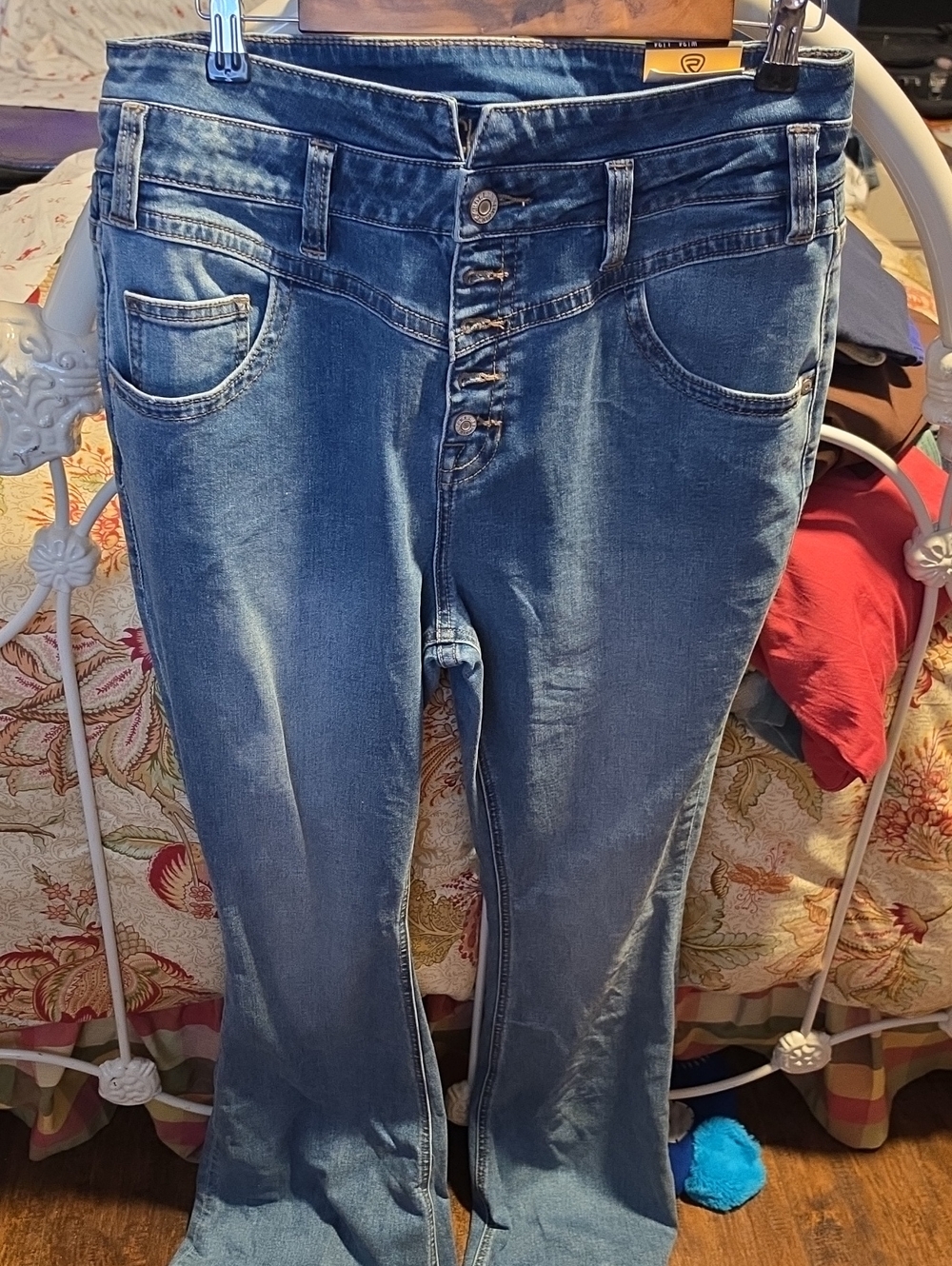 Mid-Rise Blue Flare Jeans with Button-Fly